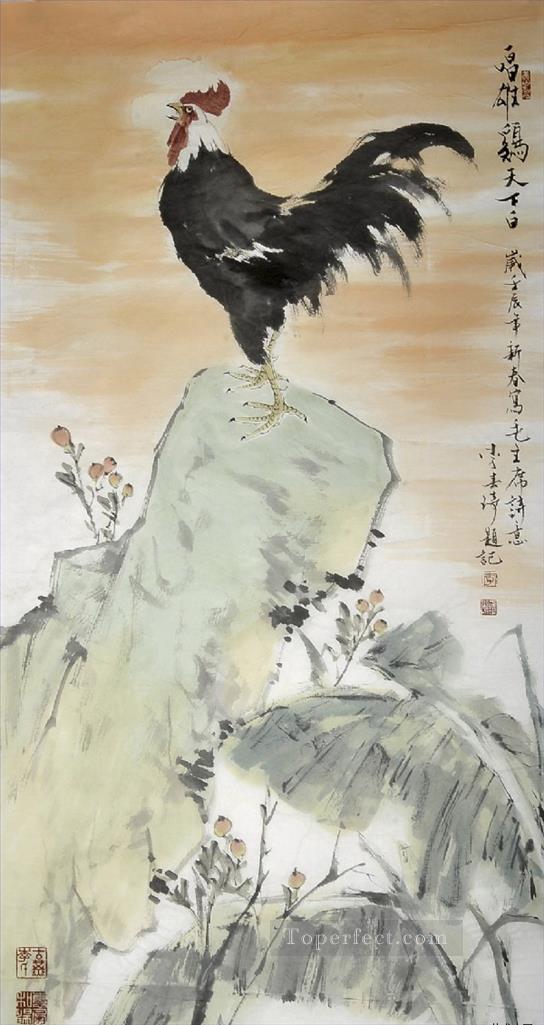Li Chunqi rooster on rock traditional Chinese Oil Paintings